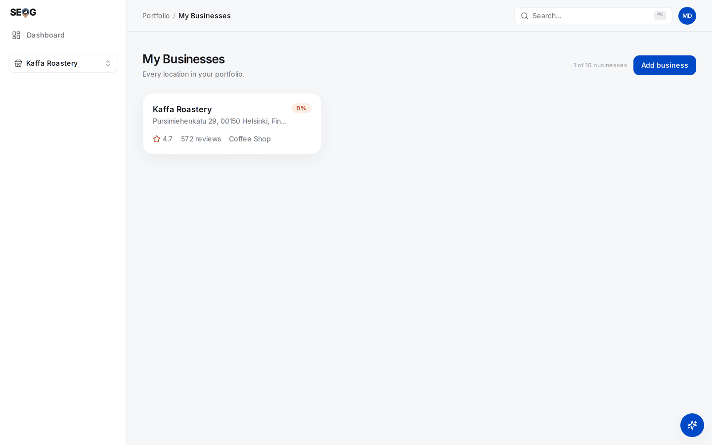 My Businesses page: a location counter reading 1 of 10 businesses beside the Add business button, above a single flat card