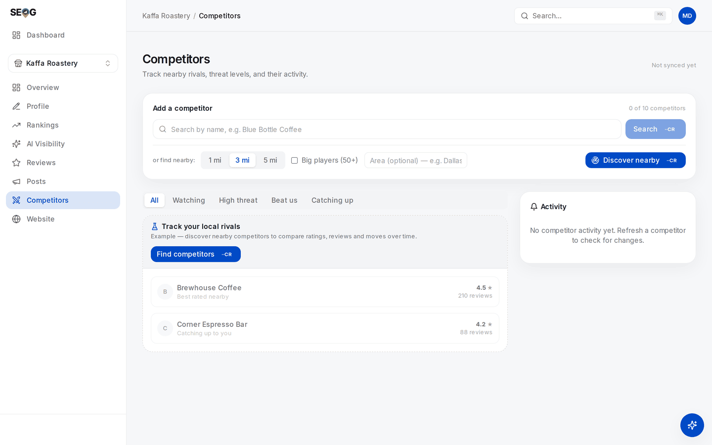 The Competitors page before anything is tracked: an Add a competitor card with radius chips and a Discover nearby button, a filter row, and two greyed-out example rival rows