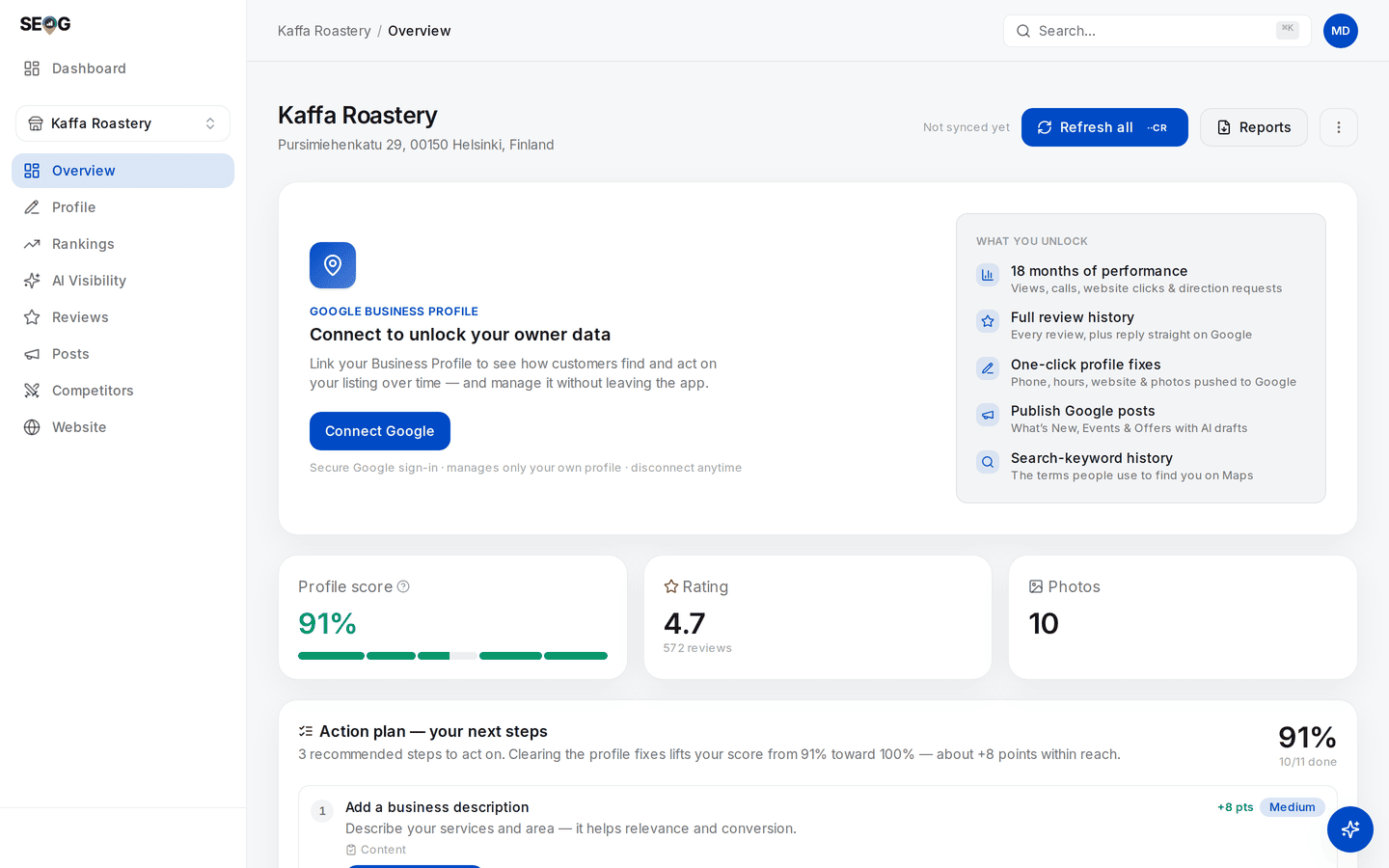 Business overview for Kaffa Roastery with no owner connection: profile score 91%, rating 4.7 from 572 reviews, 10 photos