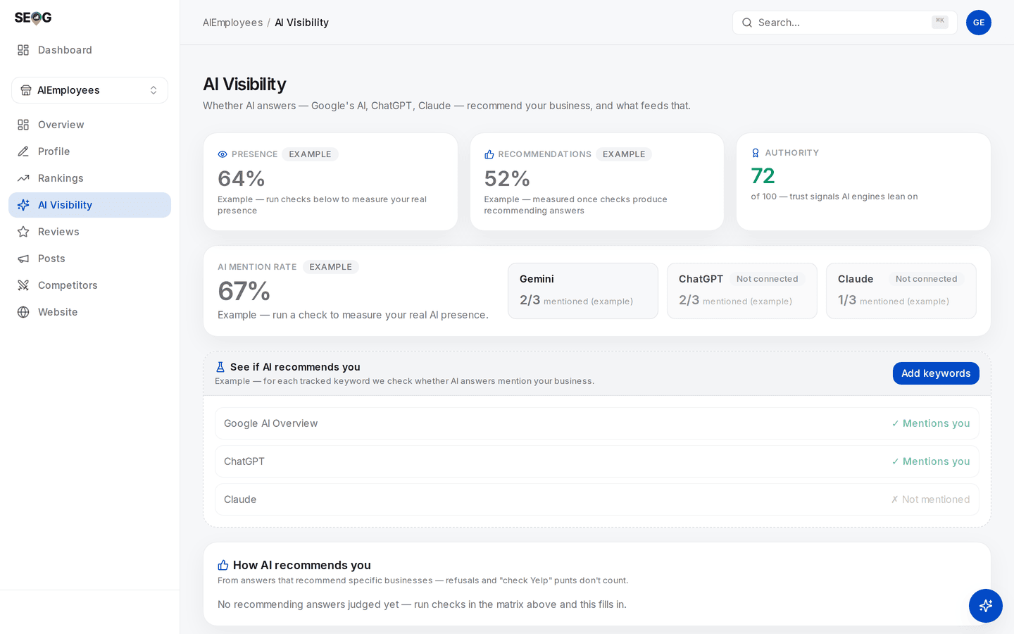 The AI Visibility page before any live check has run: presence, recommendations and mention-rate figures each carrying an Example badge, and two of three engines marked Not connected