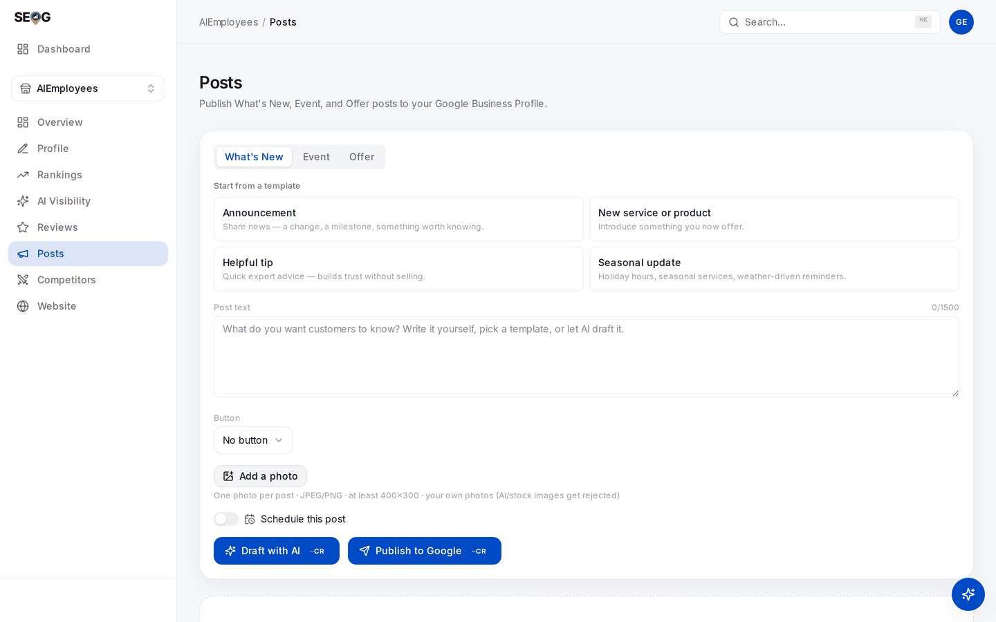 The Posts composer: three type tabs, the post-text counter, a single button selector, an add-photo control and a schedule toggle