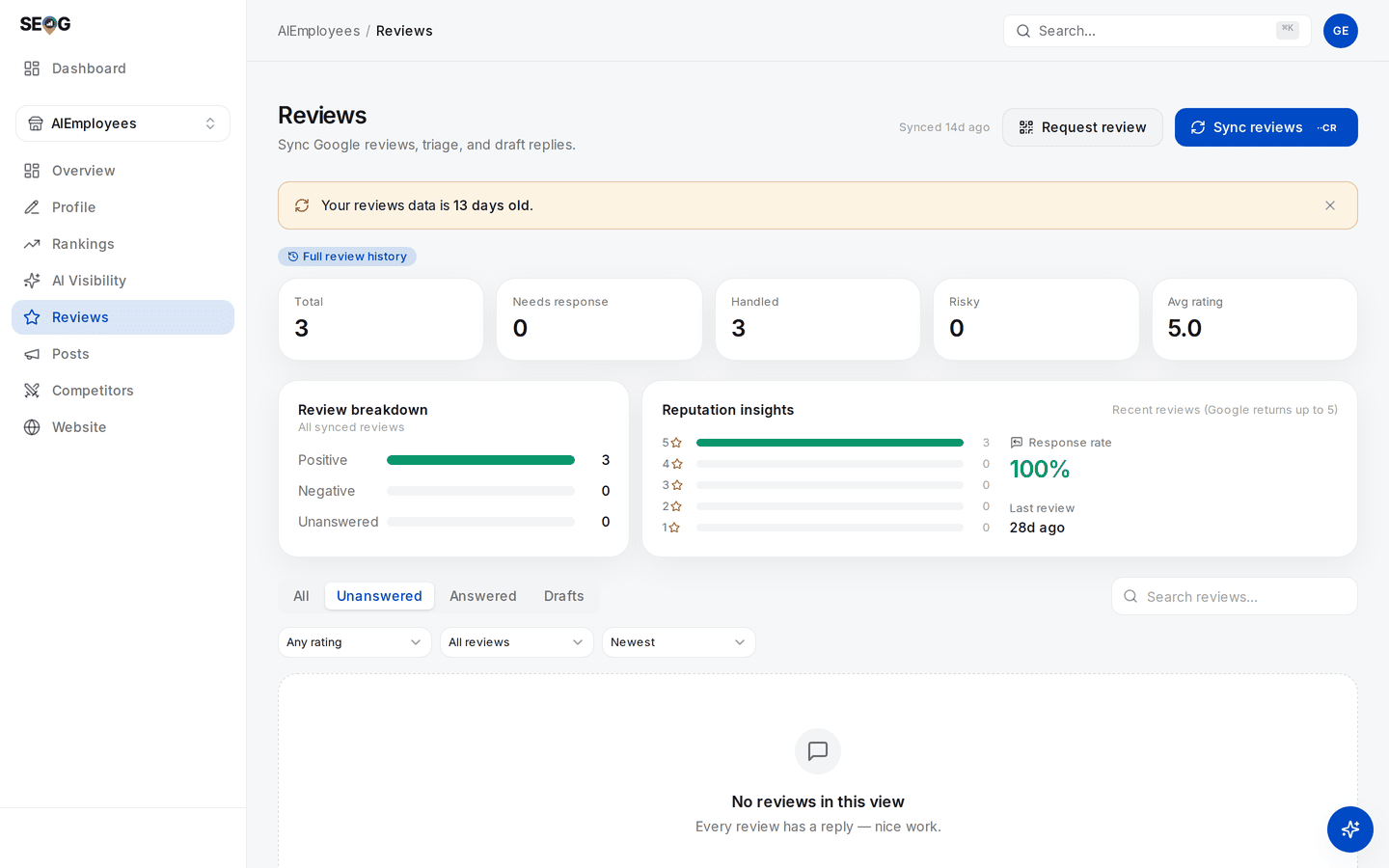 The Reviews page for an owner-connected business: a Full review history pill, five stat cards, a review breakdown and reputation insights showing a 100% response rate
