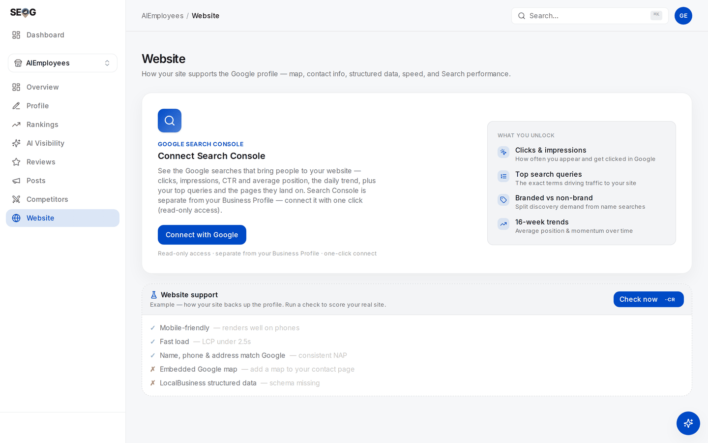 The Website page on an owner-connected business before the audit runs — Connect Search Console card, then the Website support card in its example state