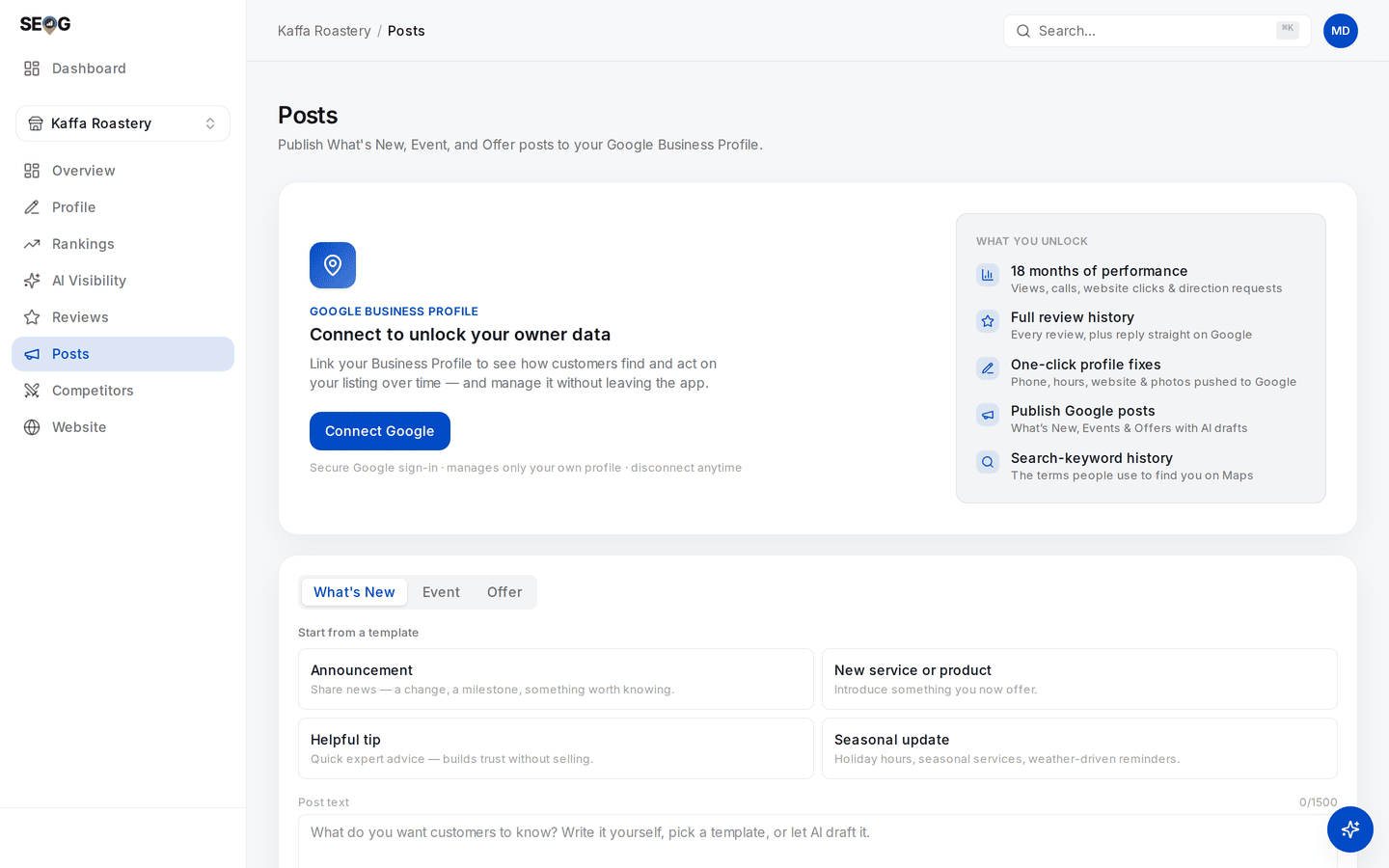 The Posts page without owner access: a Connect Google card sits above the composer