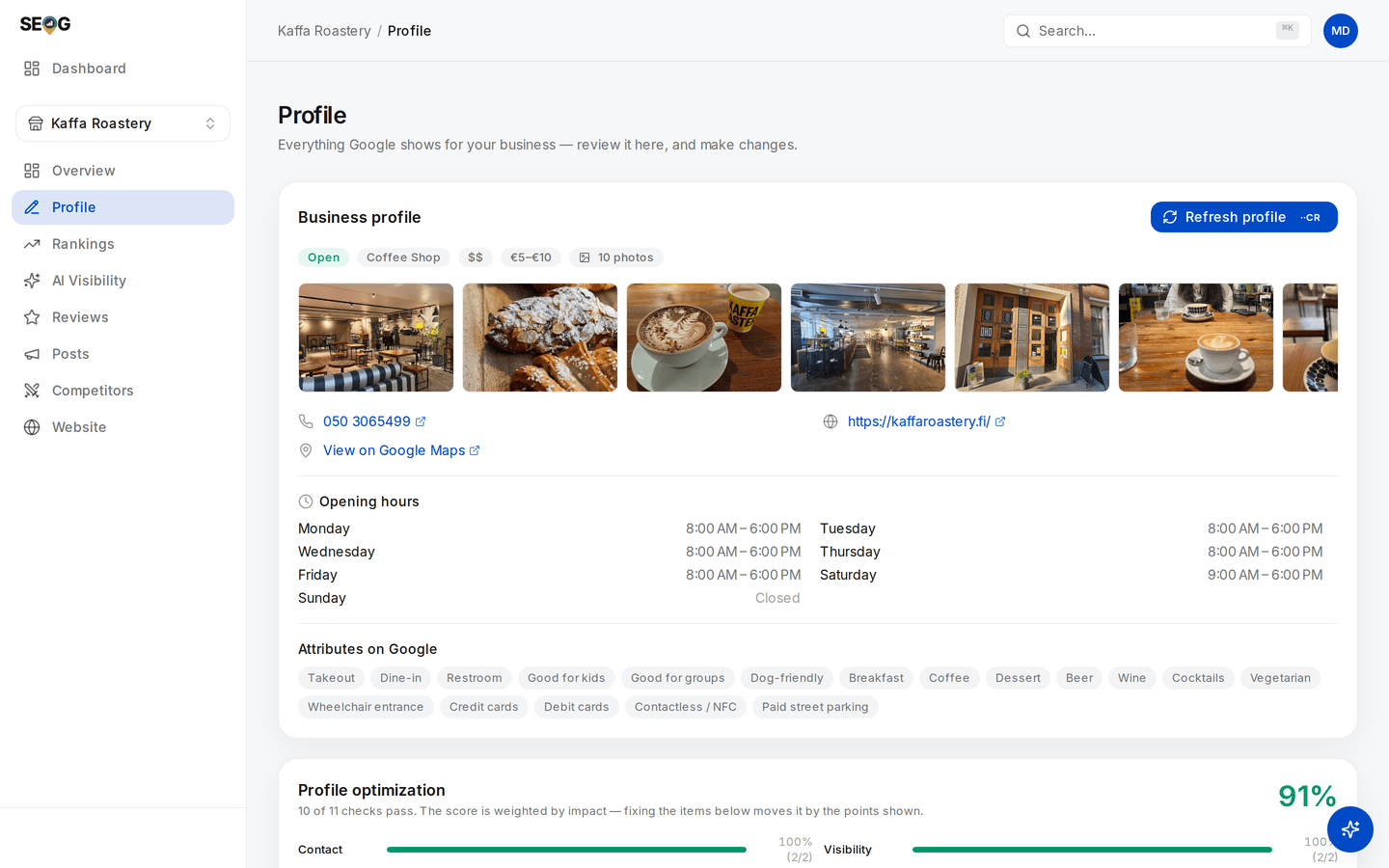 Profile page for a coffee shop, showing the Attributes on Google card: takeout, dine-in, restroom, good for kids, dog-friendly, breakfast, wheelchair entrance, card payments, contactless, paid street parking