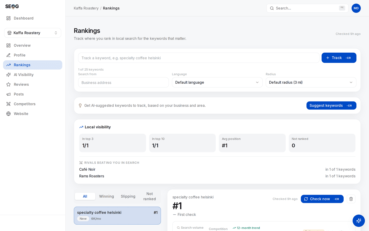 The Rankings screen before anything is tracked, showing three greyed keyword rows under a panel headed "Track your local keyword rankings"