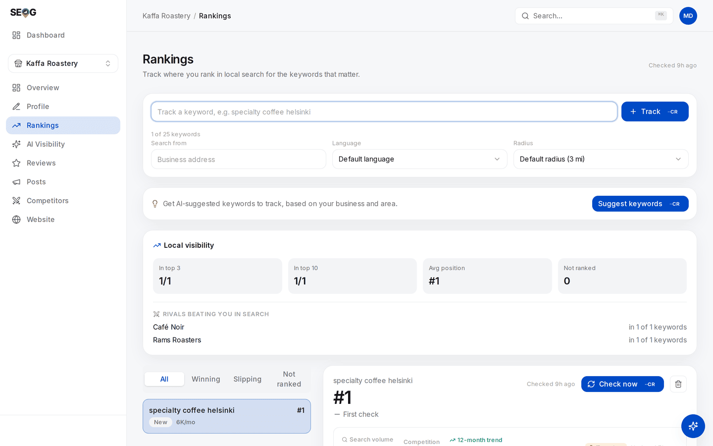 The Rankings screen for a tracked keyword: position #1, summary tiles, a list of rivals, a "Checked 2h ago" timestamp and a "Check now" button