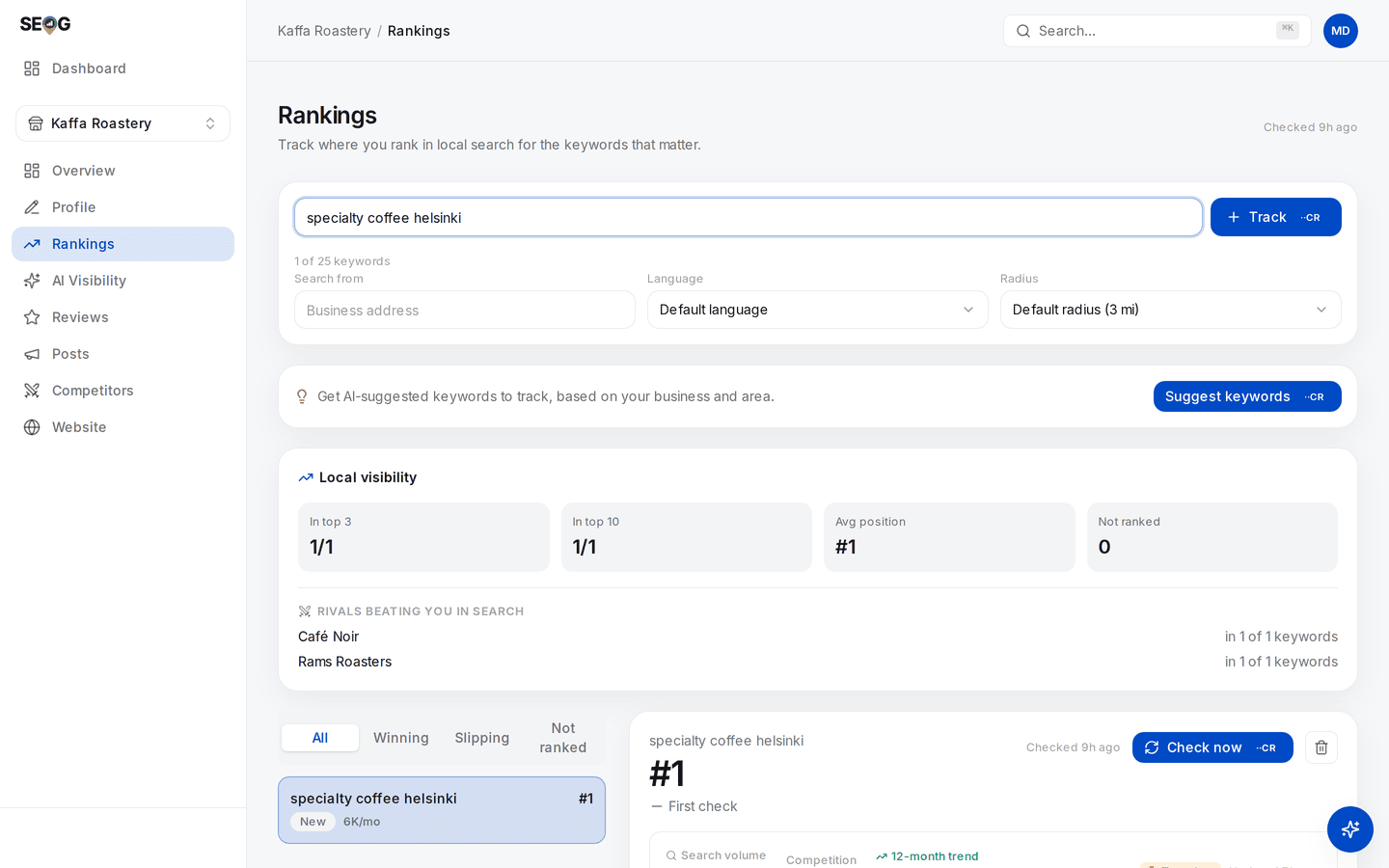 The Rankings screen with a keyword typed, the Search from, Language and Radius controls beneath it, and the tracked result showing position #1