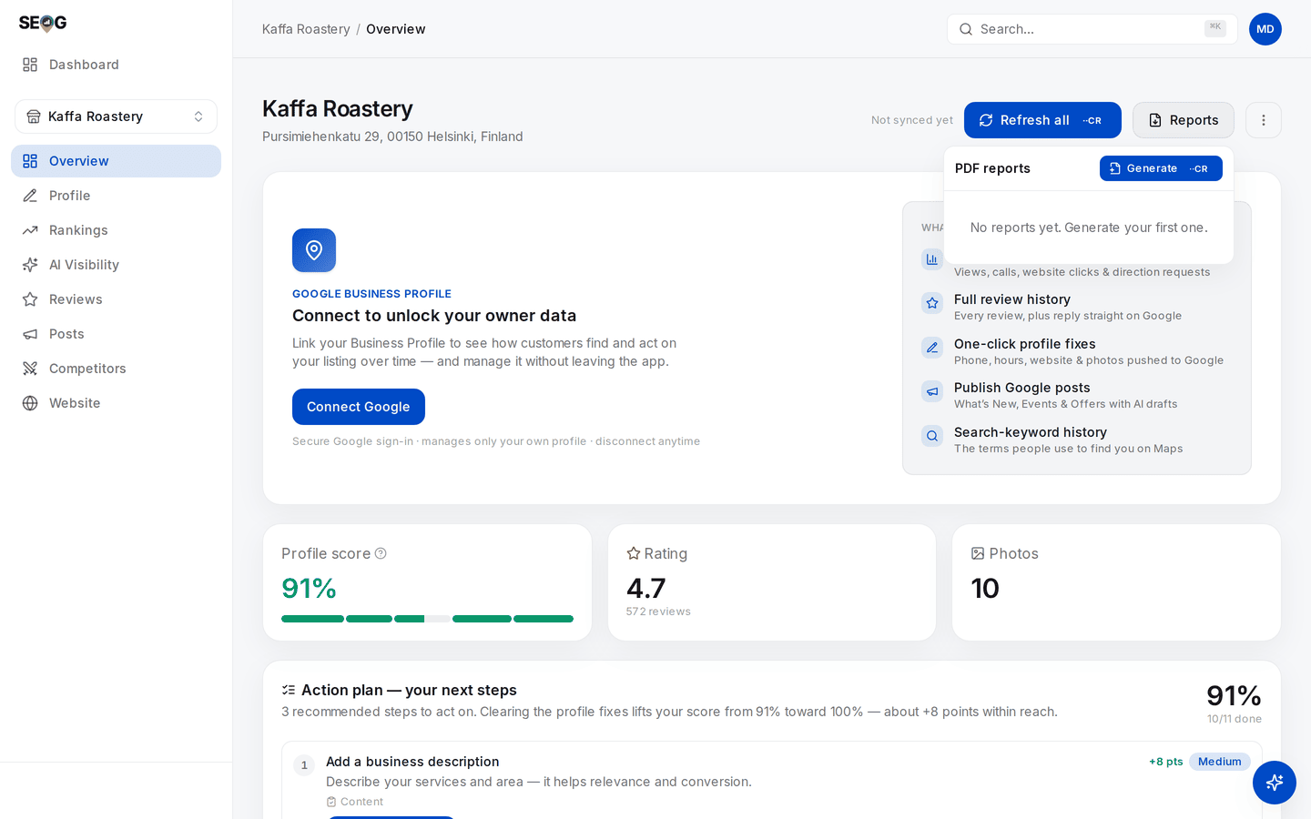 The Reports panel open on a business overview, showing a PDF reports header with a Generate action and the message "No reports yet. Generate your first one."