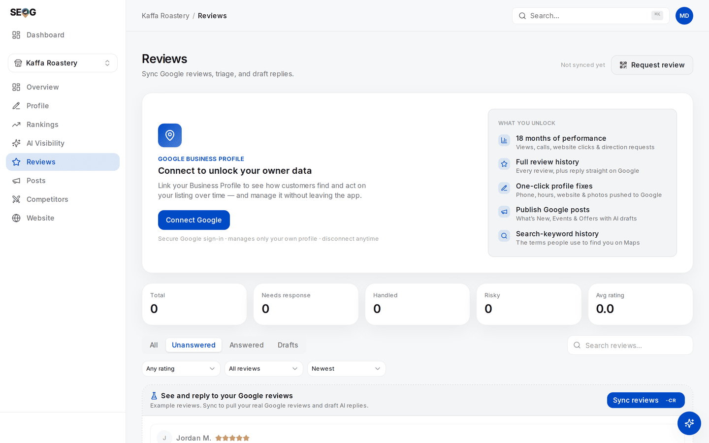 The Reviews page for a business with no Business Profile connection: a Connect Google panel, five stat cards all reading zero, and a dashed strip of example review cards