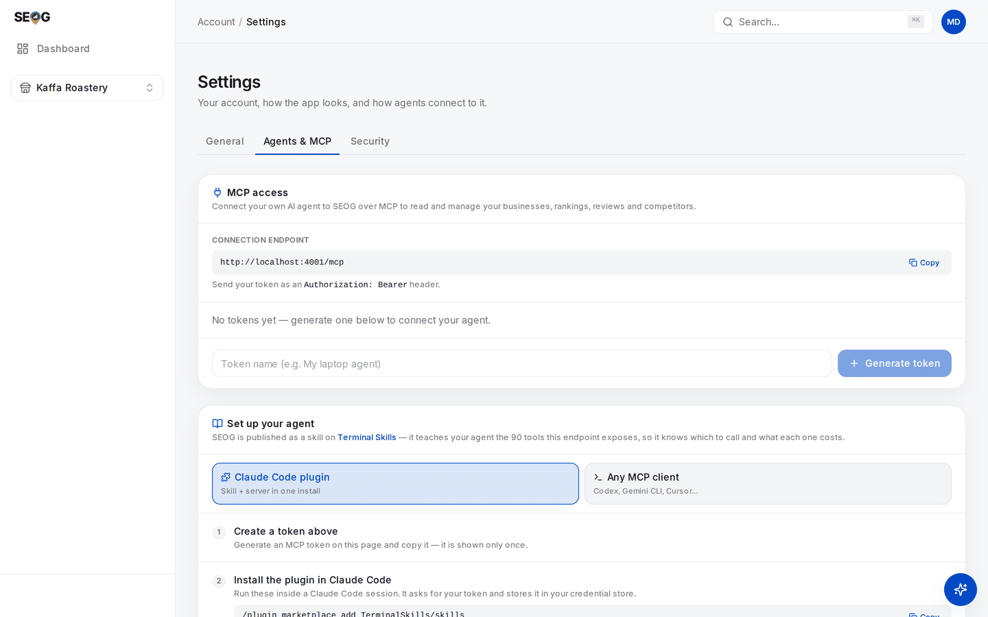 The Agents and MCP settings tab: the connection endpoint with a copy button, an empty token list reading "No tokens yet", a token-name field with a Generate token button, and setup instructions offering a Claude Code plugin or any MCP client